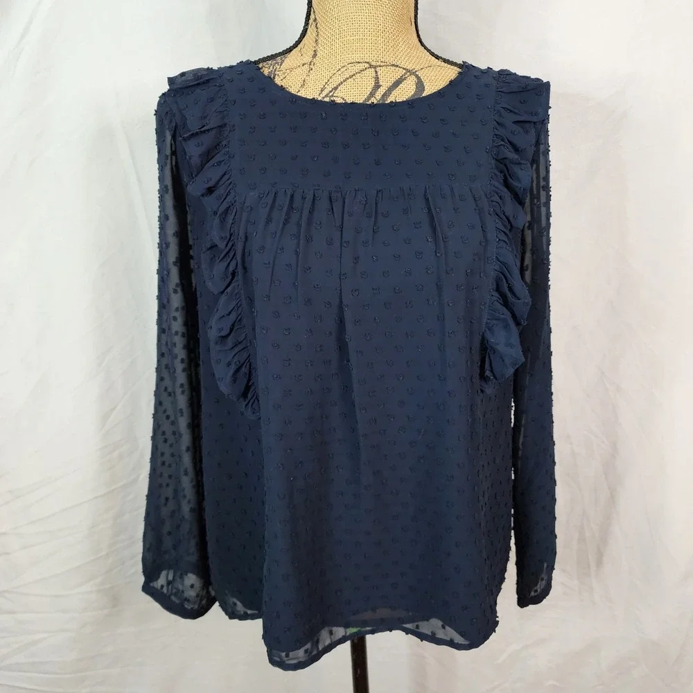 J.CREW Size 12 Navy Blue French Dot Pleated Ruffle Sheer Sleeve Keyhole Blouse‎
